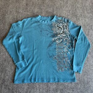 Southpole Y2K Mens Teal Blue Waffle Knit Thermal Long Sleeve Graphic Shirt Y2K L